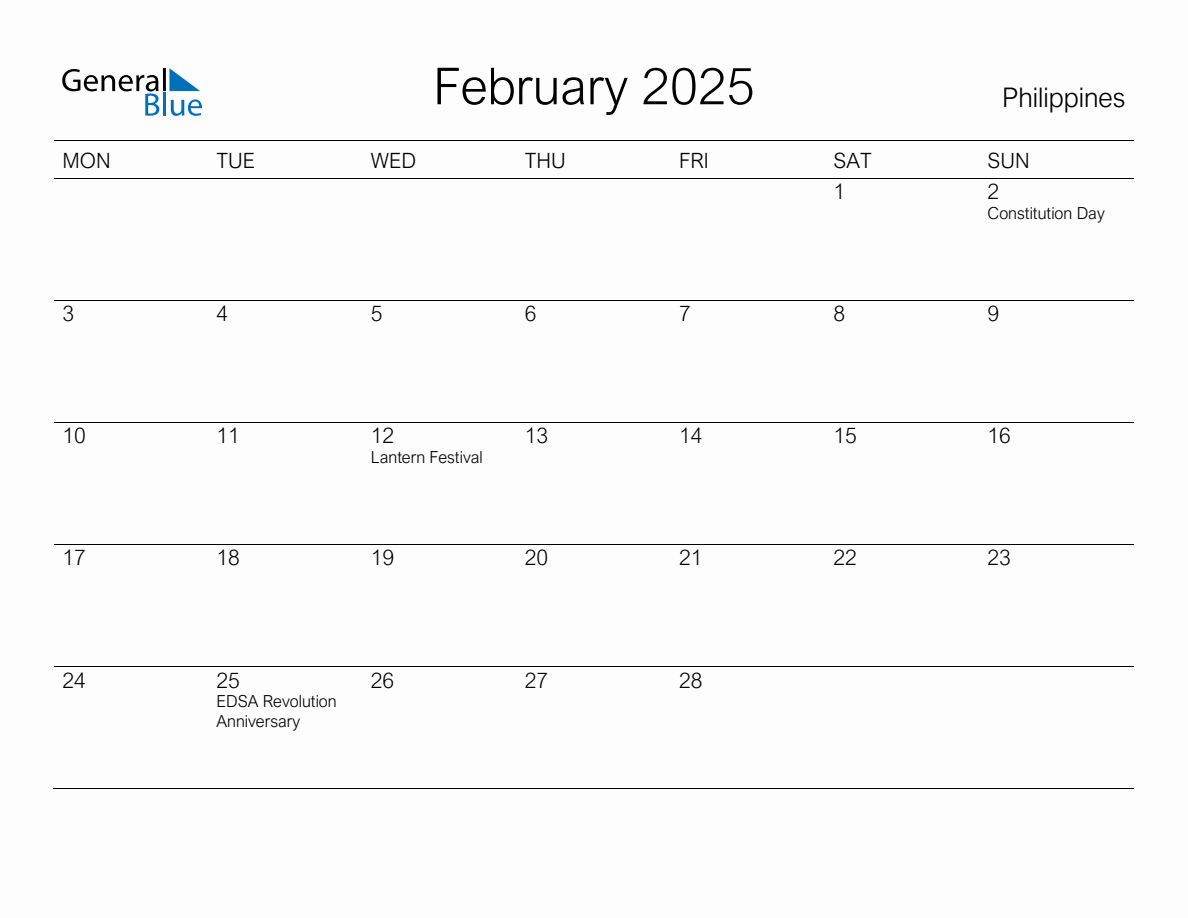 2025 February Calendar With National Holidays Philippines Country 