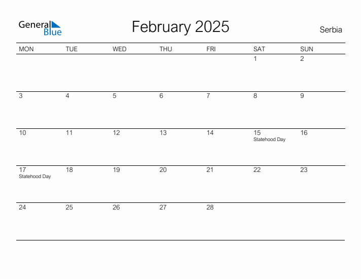 Printable February 2025 Calendar for Serbia