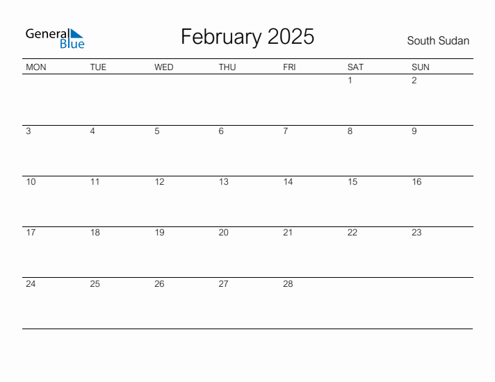 Printable February 2025 Monthly Calendar with Holidays for South Sudan