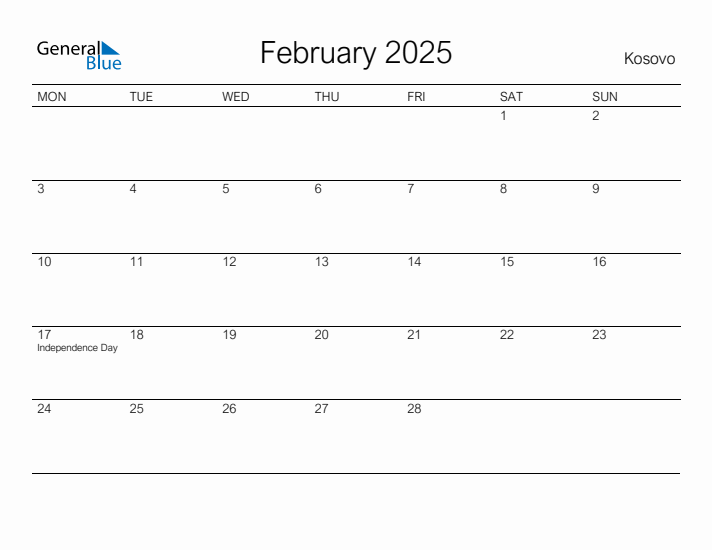 Printable February 2025 Calendar for Kosovo