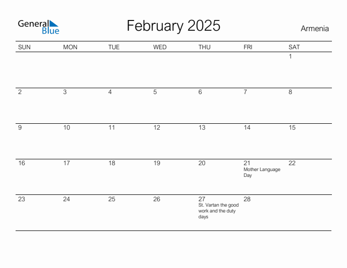 Printable February 2025 Calendar for Armenia
