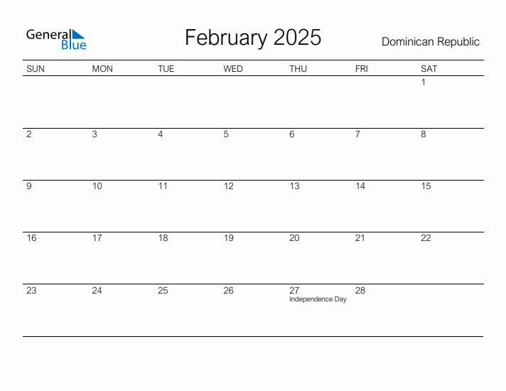 Printable February 2025 Calendar for Dominican Republic