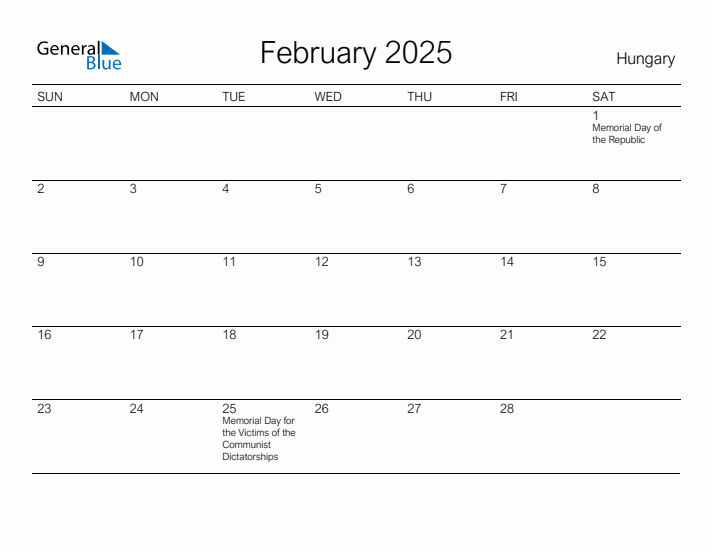 Printable February 2025 Calendar for Hungary