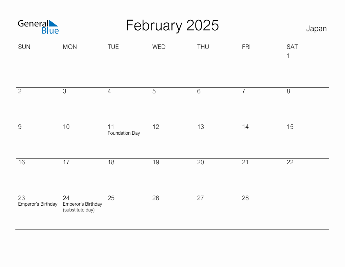 Printable February 2025 Monthly Calendar with Holidays for Japan