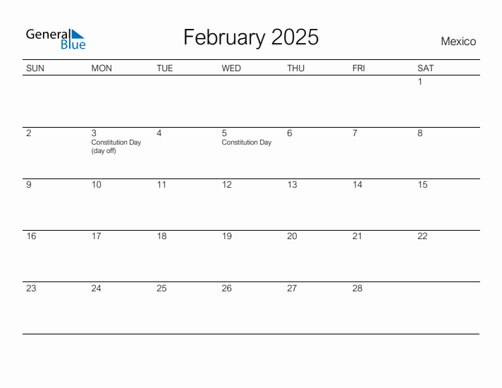 Printable February 2025 Calendar for Mexico