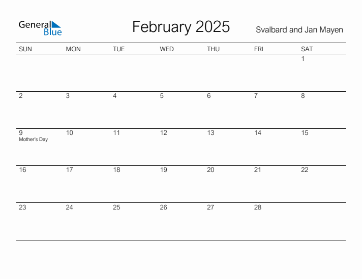Printable February 2025 Calendar for Svalbard and Jan Mayen