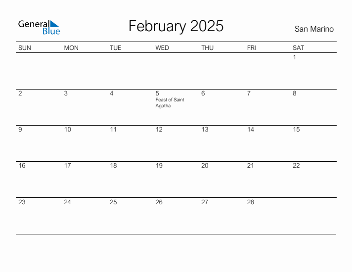 Printable February 2025 Monthly Calendar with Holidays for San Marino