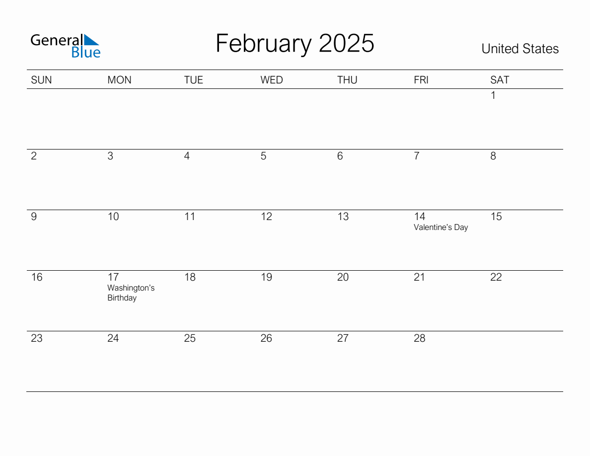 Printable February 2025 Monthly Calendar with Holidays for United States