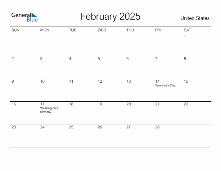 Printable February 2025 Monthly Calendar with Holidays for United States