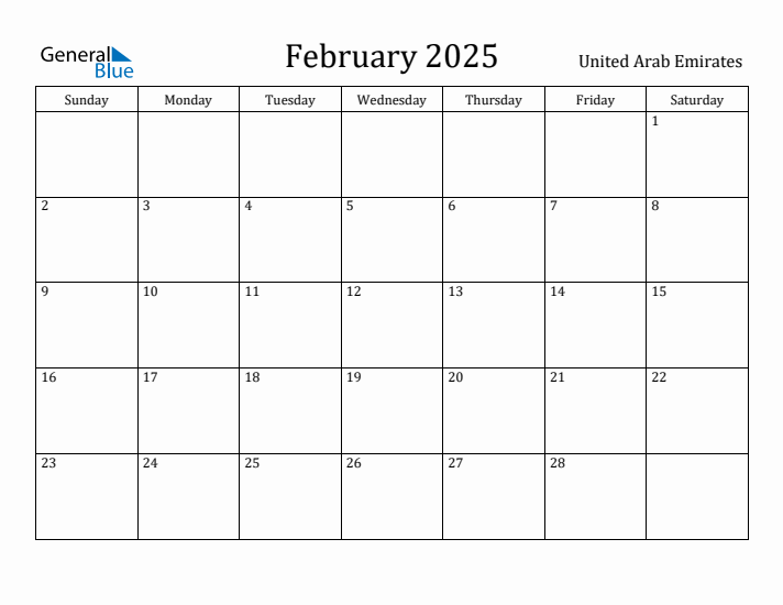 February 2025 Monthly Calendar with United Arab Emirates Holidays