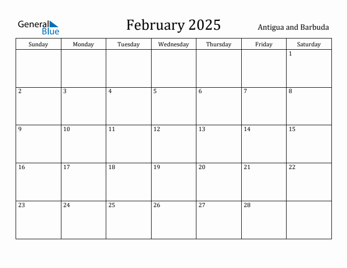 February 2025 Calendar Antigua and Barbuda