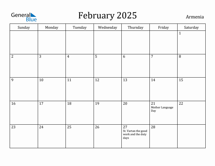 February 2025 Calendar Armenia