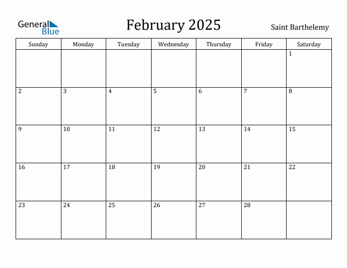 February 2025 Calendar Saint Barthelemy