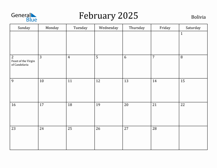 February 2025 Calendar Bolivia
