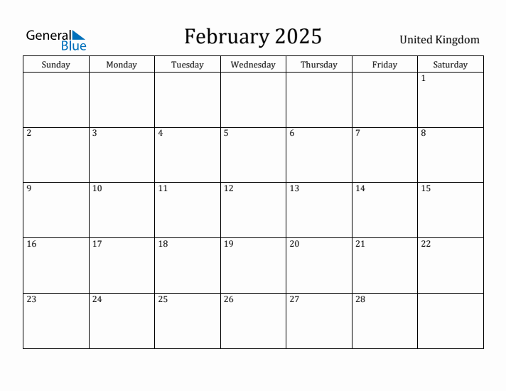 February 2025 Calendar United Kingdom