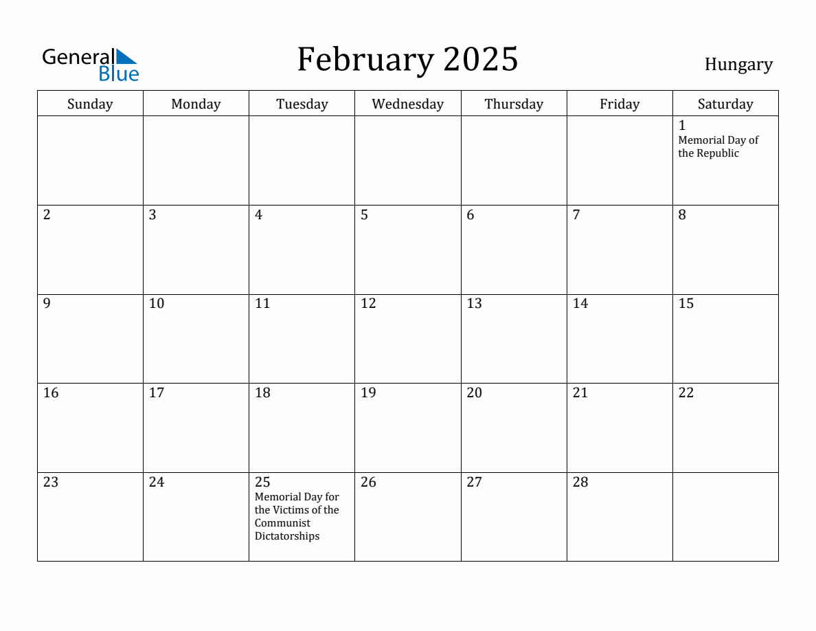 February 2025 Monthly Calendar with Hungary Holidays