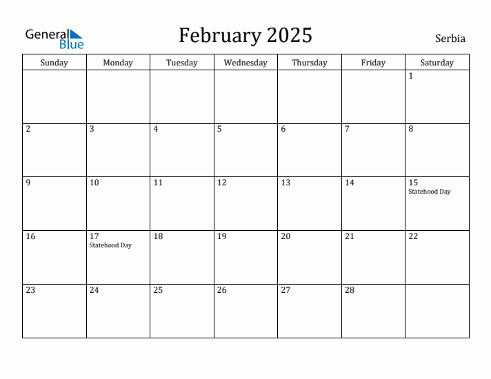 February 2025 Calendar Serbia