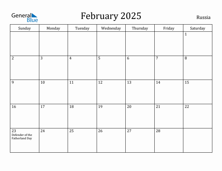 February 2025 Calendar with Russia Holidays