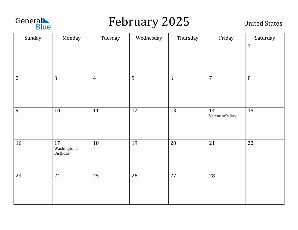 February 2025 Monthly Calendar with United States Holidays