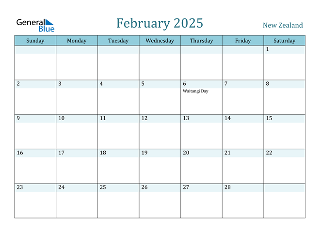 New Zealand February 2025 Calendar with Holidays