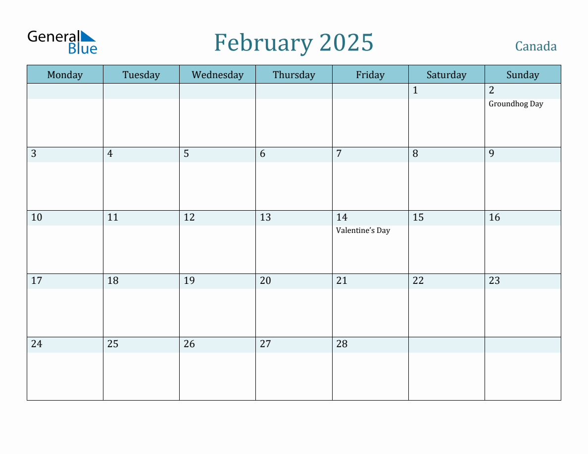 Canada Holiday Calendar for February 2025