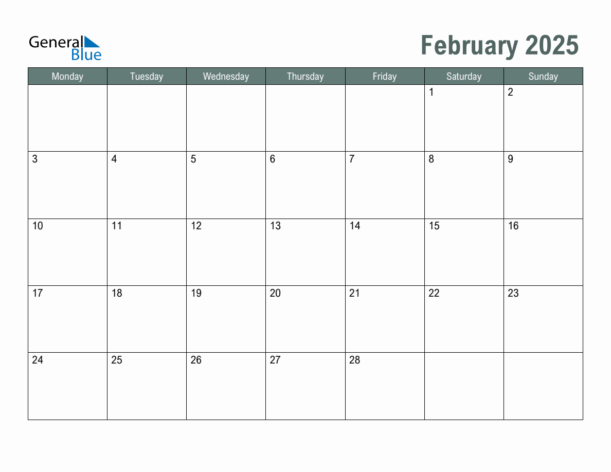 Blank February 2025 Monthly Calendar Template