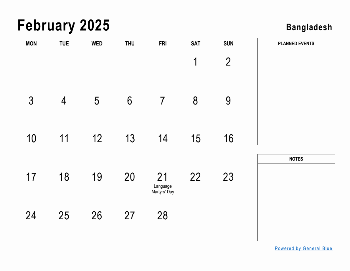 February 2025 Planner with Bangladesh Holidays