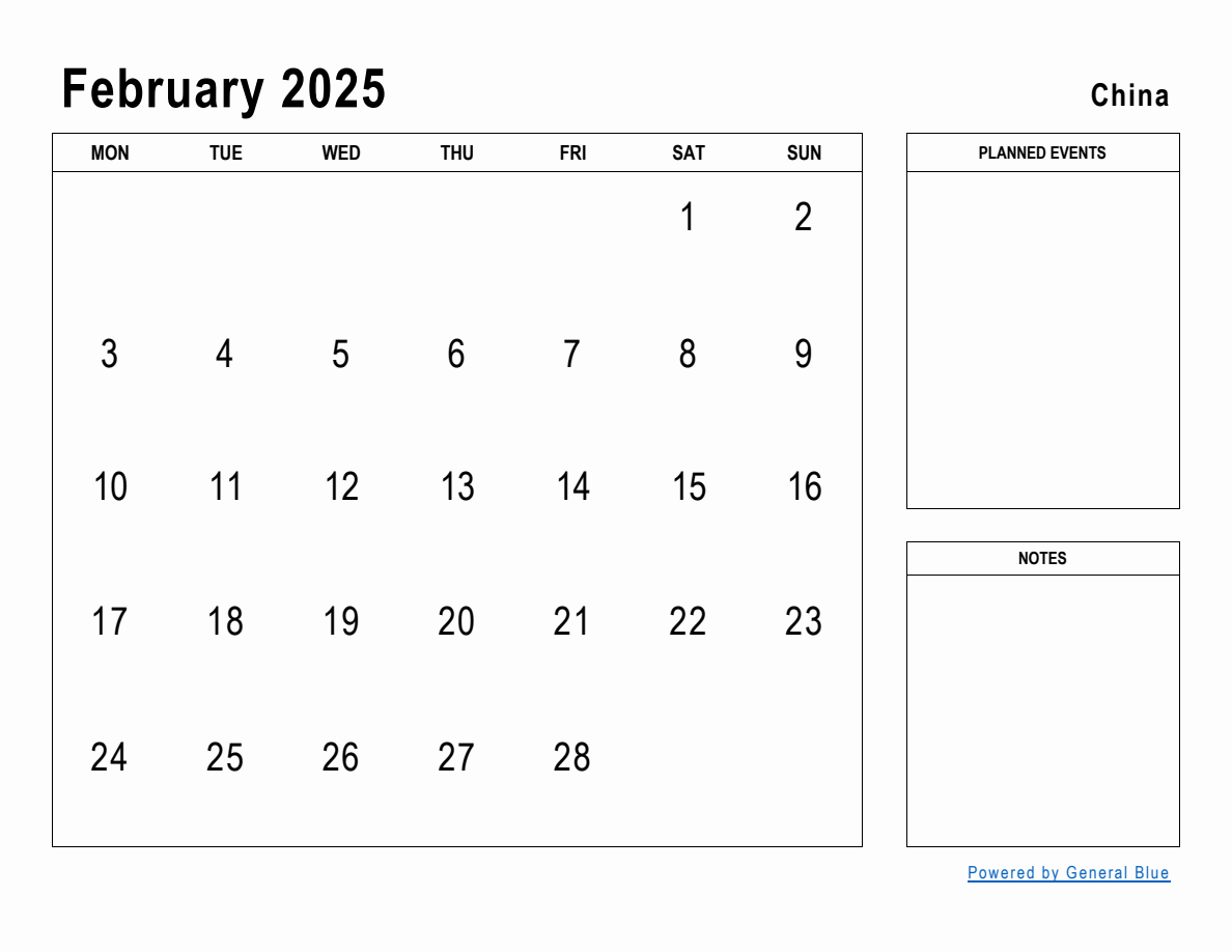 February 2025 Planner with China Holidays