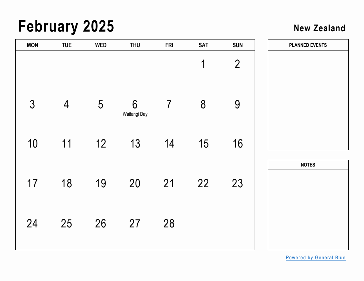 February 2025 Planner with New Zealand Holidays