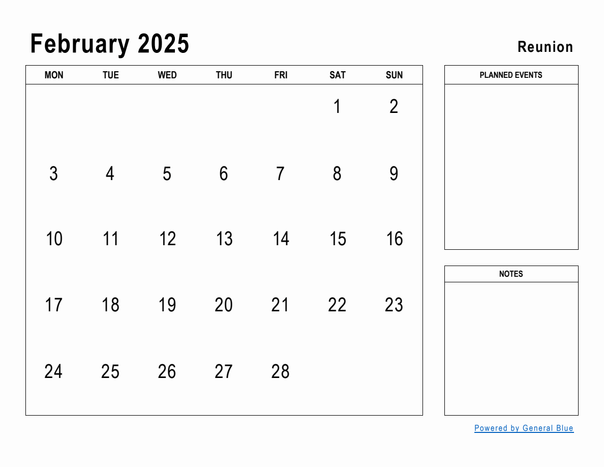 February 2025 Planner with Reunion Holidays