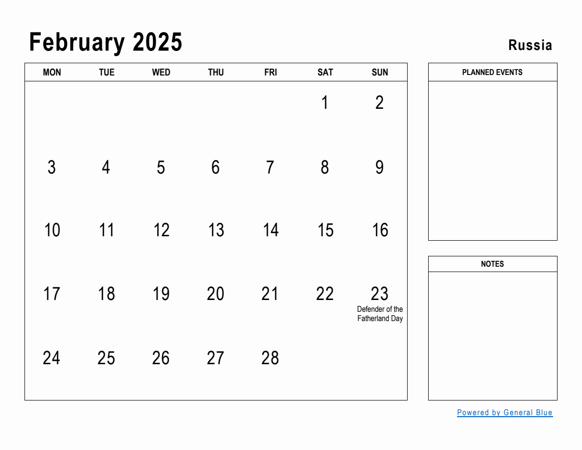 February 2025 Planner with Russia Holidays