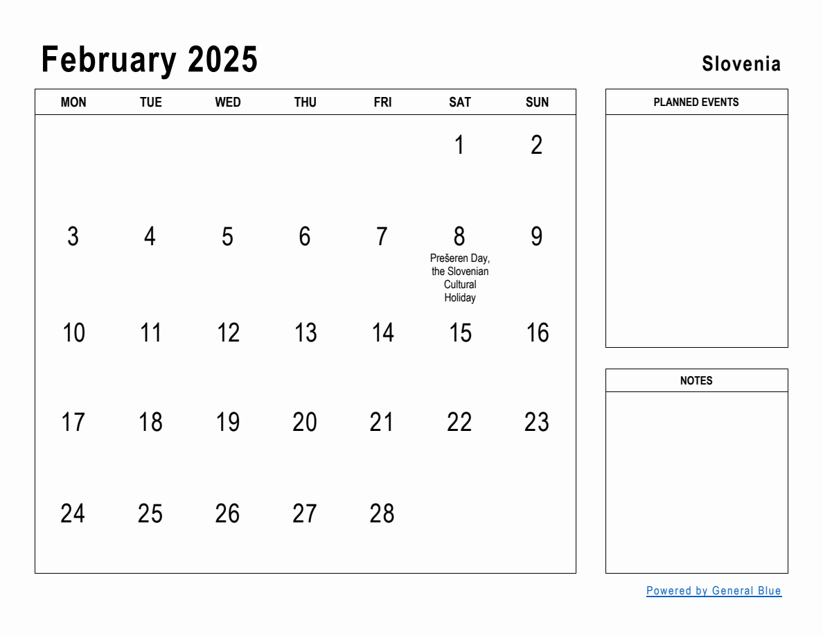 February 2025 Planner with Slovenia Holidays