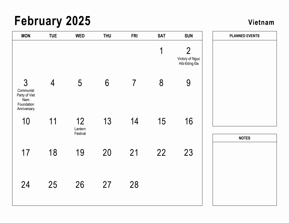 February 2025 Planner with Vietnam Holidays