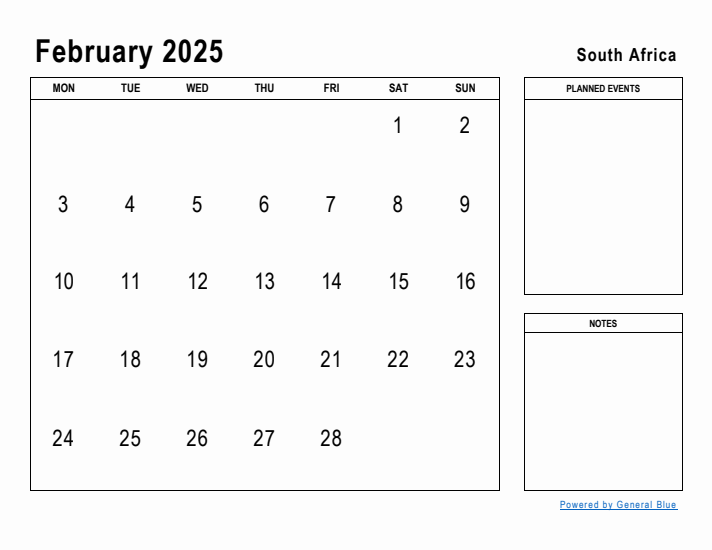 February 2025 Planner with South Africa Holidays