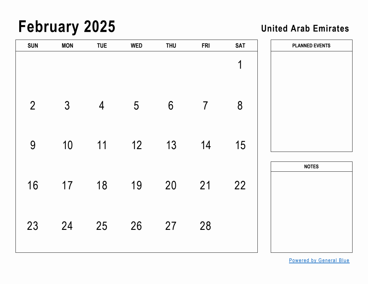 February 2025 Planner with United Arab Emirates Holidays