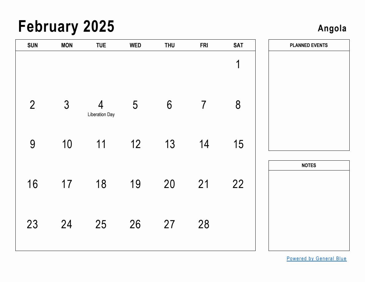 February 2025 Planner with Angola Holidays