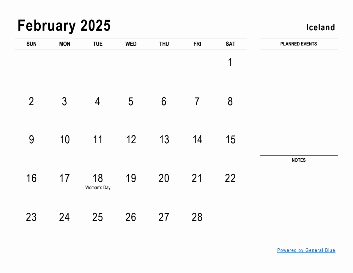 February 2025 Planner with Iceland Holidays