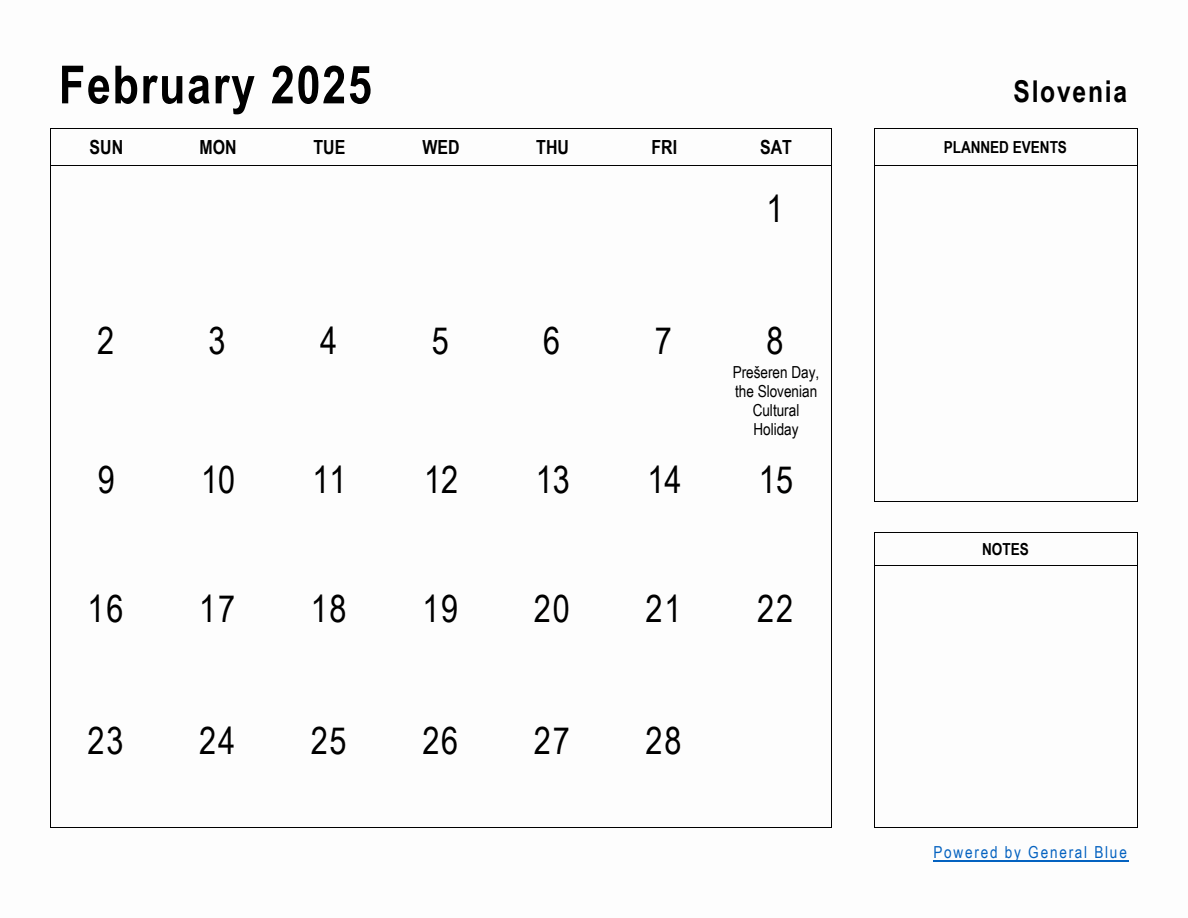 February 2025 Planner with Slovenia Holidays