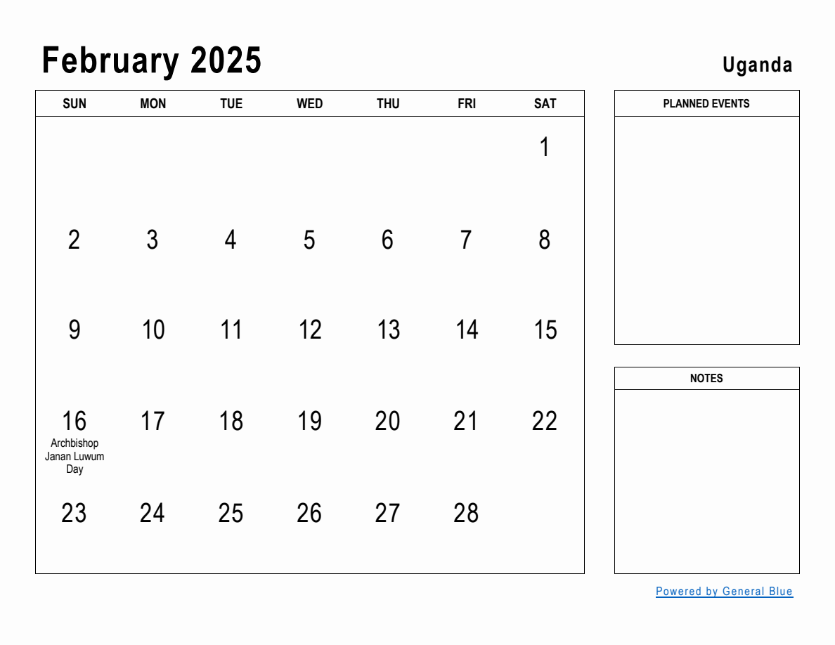 February 2025 Planner with Uganda Holidays