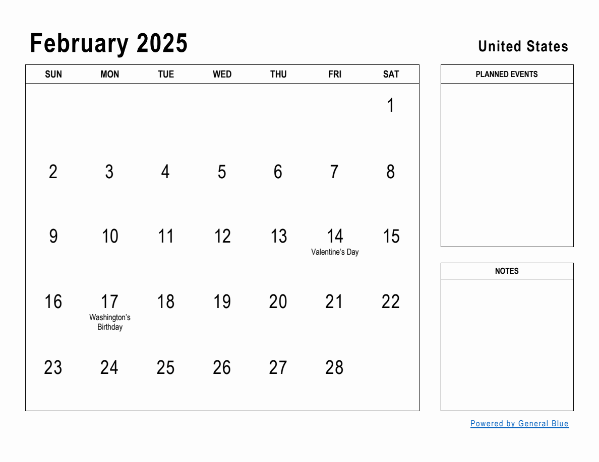 February 2025 Planner with United States Holidays