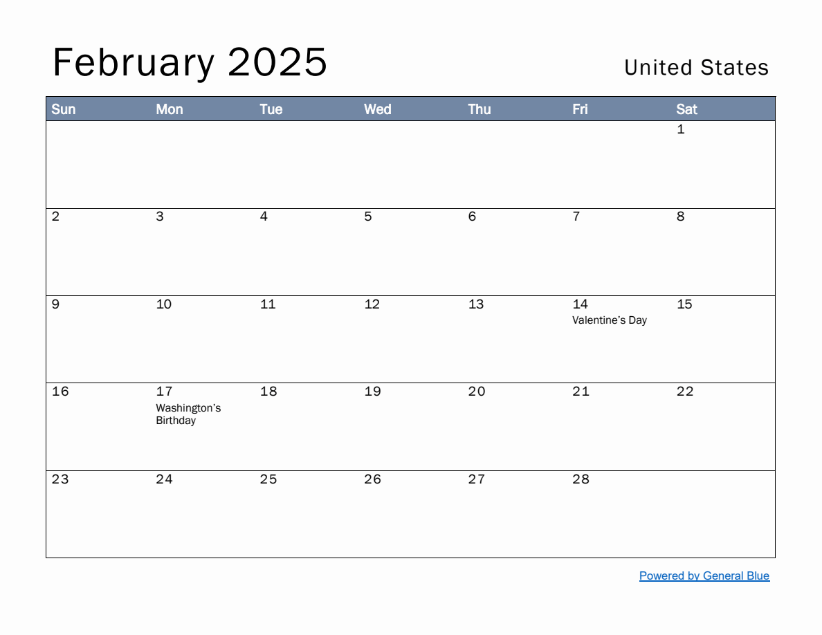 Free Monthly Calendar Template for February 2025 with United States