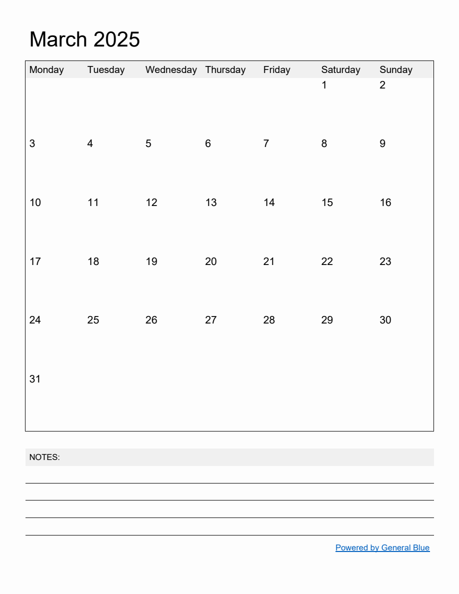 Free Printable Monthly Calendar for March 2025