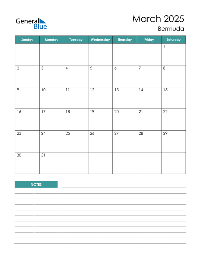 March 2025 Calendar with Bermuda Holidays