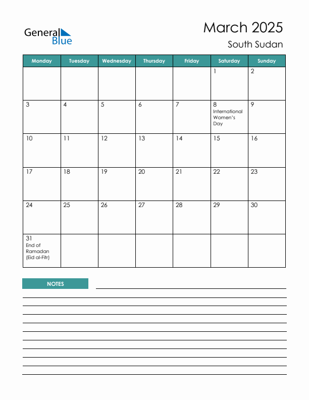 Calendar with Notes Printable - Monday Start