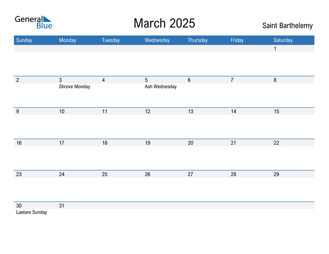 March 2025 Calendar with Saint Barthelemy Holidays