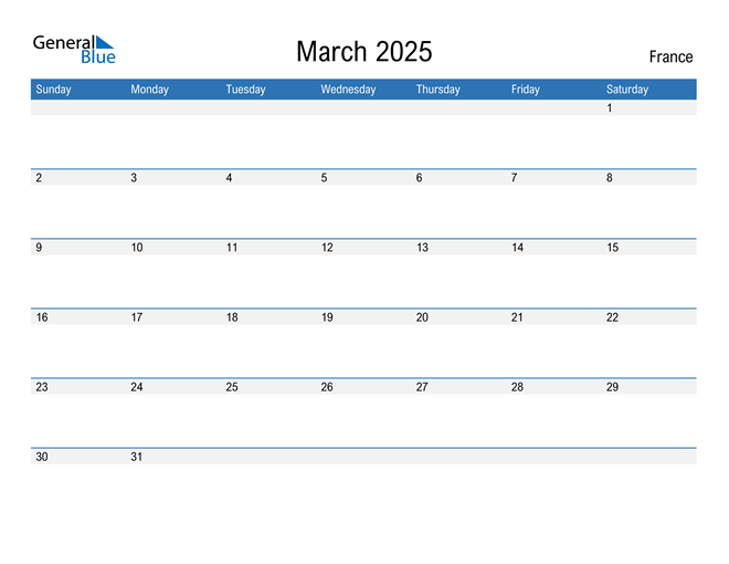 March 2025 Calendar with France Holidays