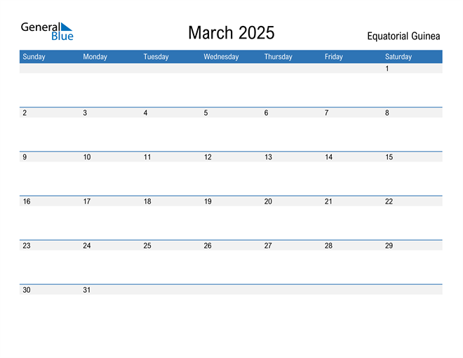 March 2025 Calendar with Equatorial Guinea Holidays