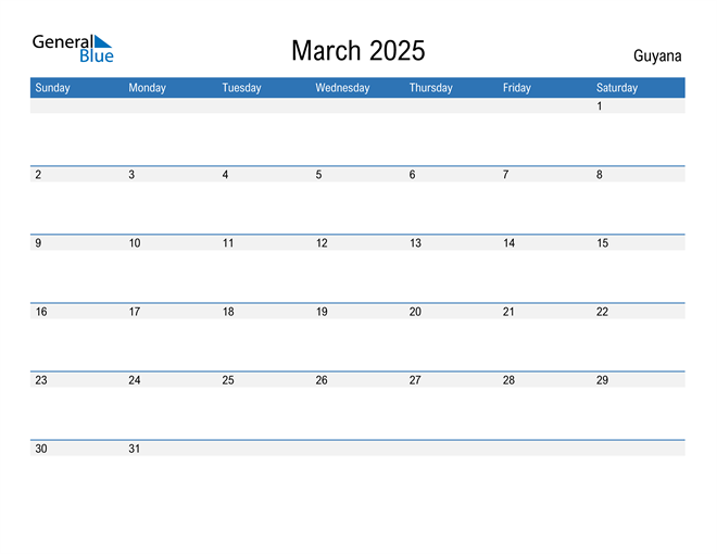 Guyana March 2025 Calendar with Holidays