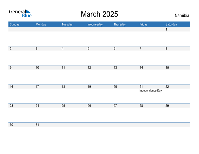 March 2025 Calendar with Namibia Holidays