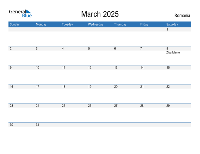 March 2025 Calendar with Romania Holidays